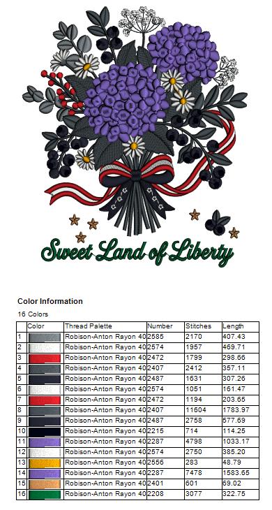 Flowers with American Flag Bow Patriotic Filled Machine Embroidery Design Digitized Pattern