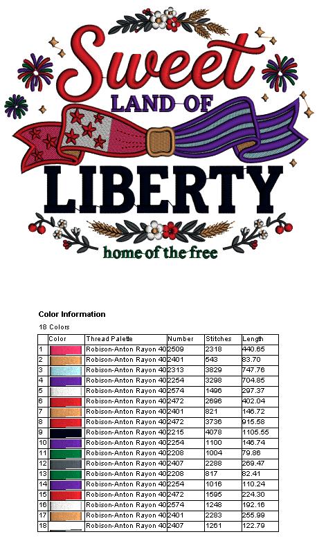 Sweet Land Of Liberty Home Of The Free Patriotic 4th Of July Independence Day Filled Machine Embroidery Design Digitized Pattern