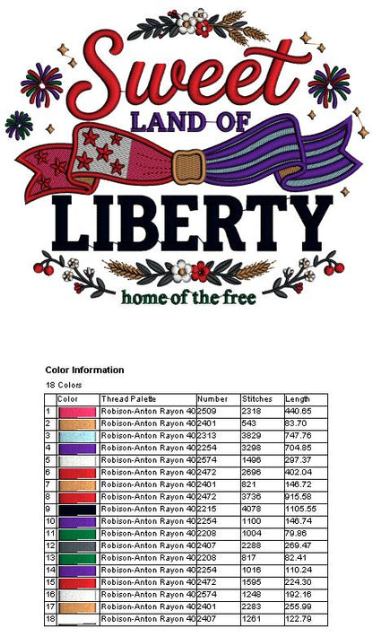 Sweet Land Of Liberty Home Of The Free Patriotic 4th Of July Independence Day Filled Machine Embroidery Design Digitized Pattern