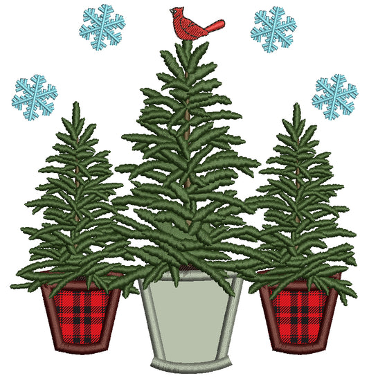 Three Christmas Trees Snow Flakes And Red Robin Applique Machine Embroidery Design Digitized Pattern