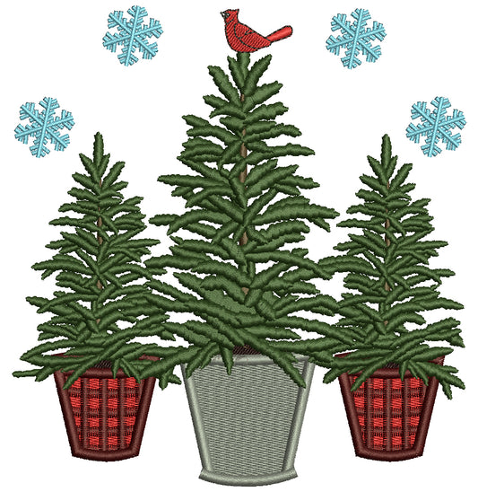 Three Christmas Trees Snow Flakes And Red Robin Filled Machine Embroidery Design Digitized Pattern