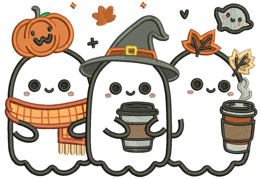 Three Cute Ghosts Halloween Applique Machine Embroidery Design Digitized Pattern