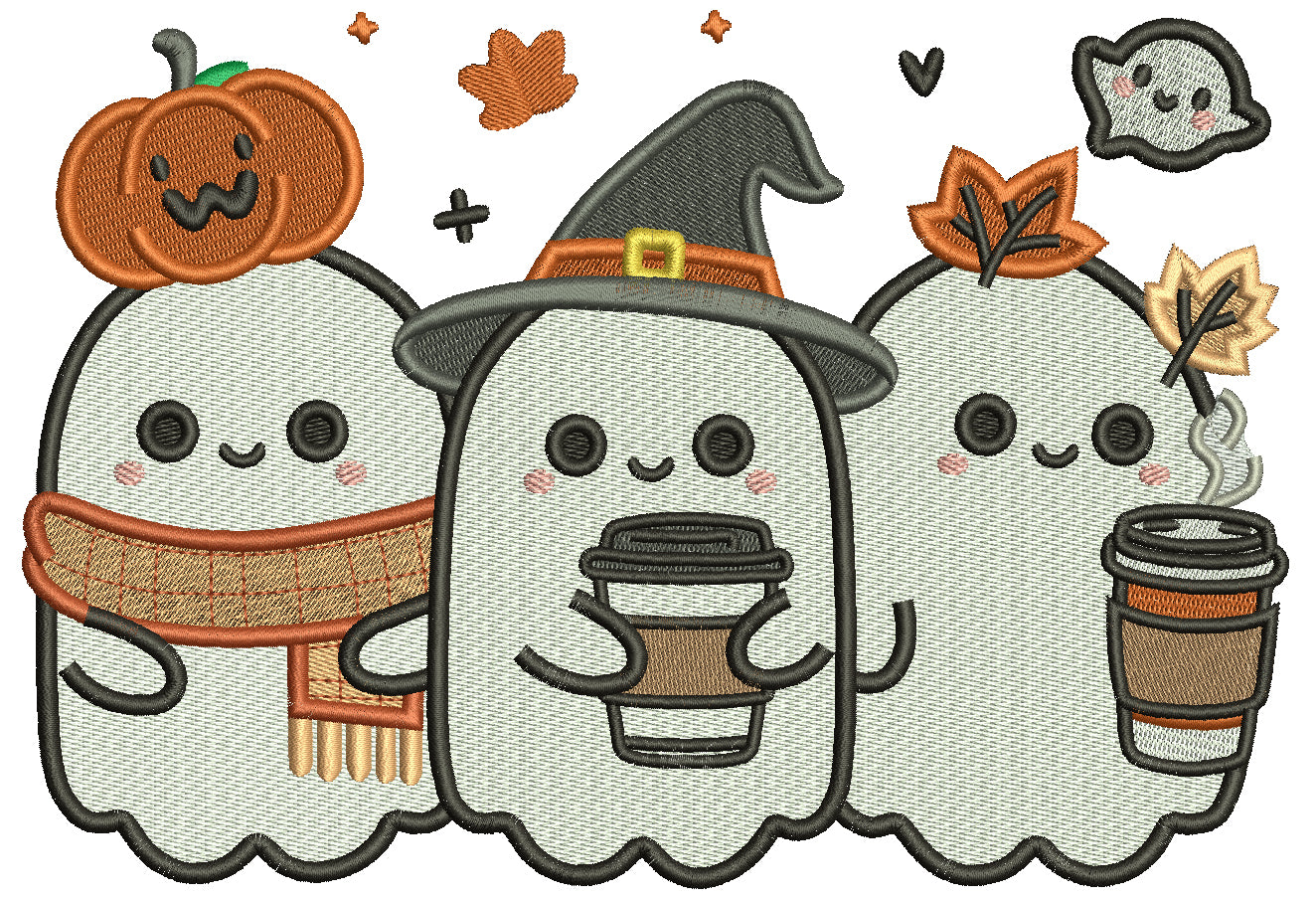 Three Cute Ghosts Halloween Filled Machine Embroidery Design Digitized Pattern