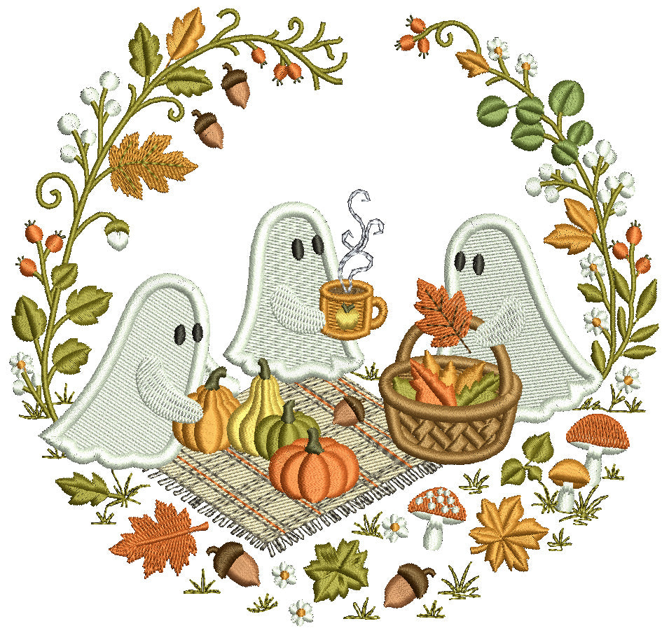 Three Ghosts Picnic Halloween Filled Machine Embroidery Design Digitized Pattern