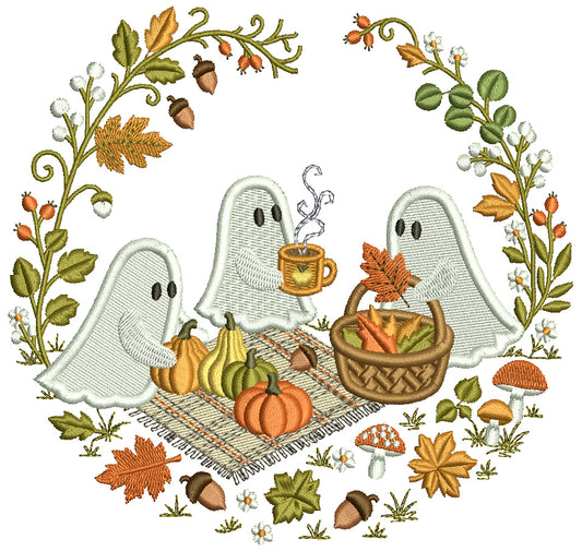 Three Ghosts Picnic Halloween Filled Machine Embroidery Design Digitized Pattern