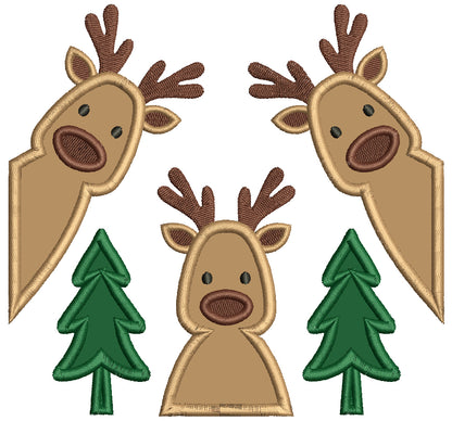 Three Reindeer and Christmas Trees Applique Machine Embroidery Design Digitized Pattern