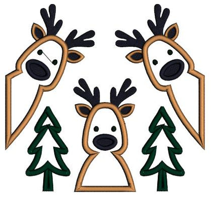 Three Reindeer and Christmas Trees Applique Machine Embroidery Design Digitized Pattern