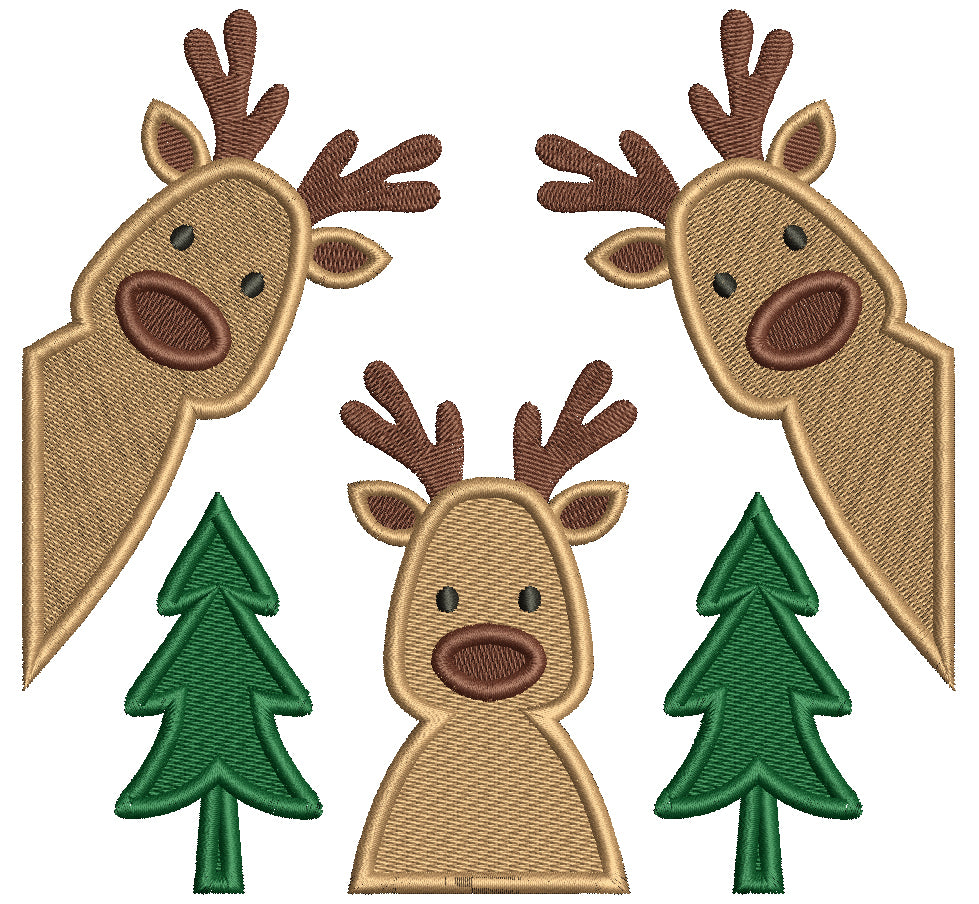 Three Reindeer and Christmas Trees Filled Machine Embroidery Design Digitized Pattern