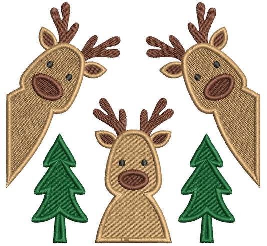 Three Reindeer and Christmas Trees Filled Machine Embroidery Design Digitized Pattern