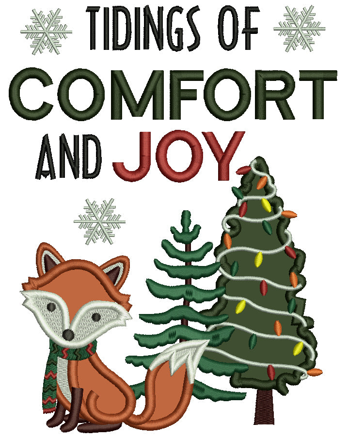 Tidings Of Comfort And Joy Fox and Christmas Tree Applique Machine Embroidery Design Digitized Pattern