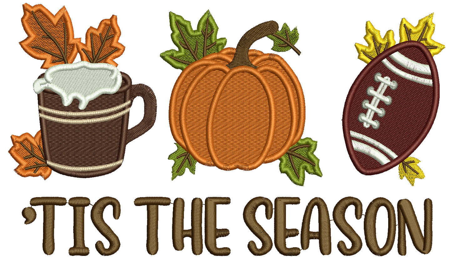 Tis The Season Pumpkin and Football Thanksgiving Filled Machine Embroidery Design Digitized Pattern