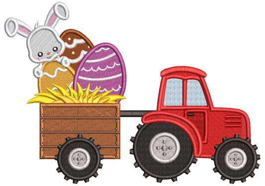 Tractor With Bunny And Easter Eggs Filled Machine Embroidery Design Digitized Pattern