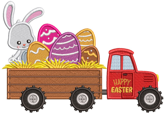 Truck With Bunny And Easter Eggs Filled Machine Embroidery Design Digitized Pattern