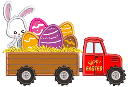 Truck With Bunny And Easter Eggs Applique Machine Embroidery Design Digitized Pattern
