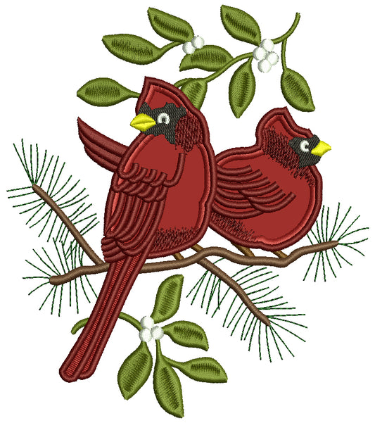 Two Red Cardinals Sitting On a Branch Christmas Applique Machine Embroidery Design Digitized Pattern