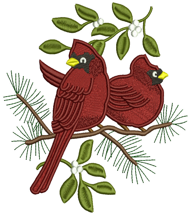 Two Red Cardinals Sitting On a Branch Christmas Filled Machine Embroidery Design Digitized Pattern