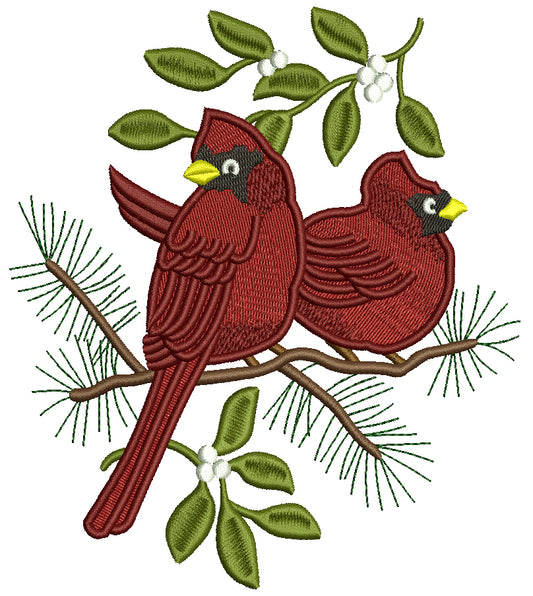 Two Red Cardinals Sitting On a Branch Christmas Filled Machine Embroidery Design Digitized Pattern