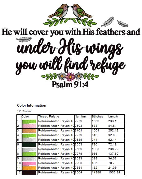He Will Cover You With His Feathers, and Under His Wings You Will Find Refuge Psalm 91:4 Bible Verse Religious Filled Machine Embroidery Design Digitized Pattern