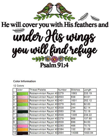 He Will Cover You With His Feathers, and Under His Wings You Will Find Refuge Psalm 91:4 Bible Verse Religious Filled Machine Embroidery Design Digitized Pattern