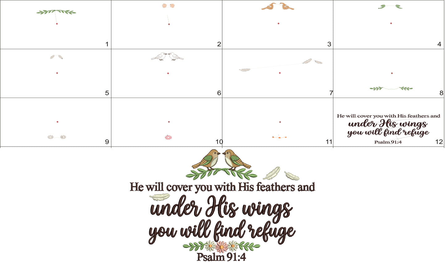 He Will Cover You With His Feathers, and Under His Wings You Will Find Refuge Psalm 91:4 Bible Verse Religious Filled Machine Embroidery Design Digitized Pattern