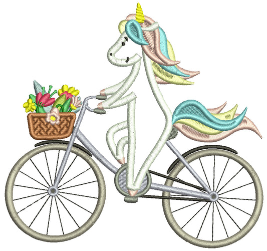 Unicorn on a Bicycle With Flowers Applique Machine Embroidery Design Digitized Pattern