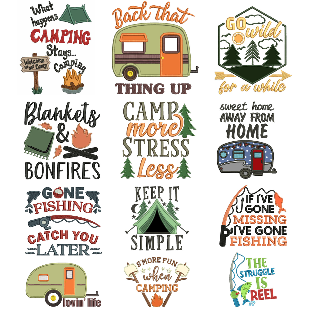 Camping and Fishing Machine Embroidery Designs Set - 23 Designs