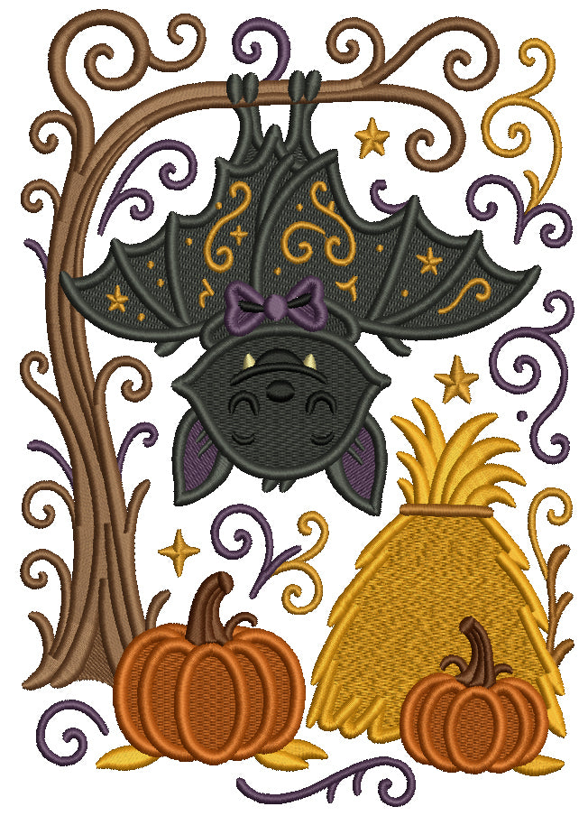 Upside Down Bat Halloween Filled Machine Embroidery Design Digitized Pattern