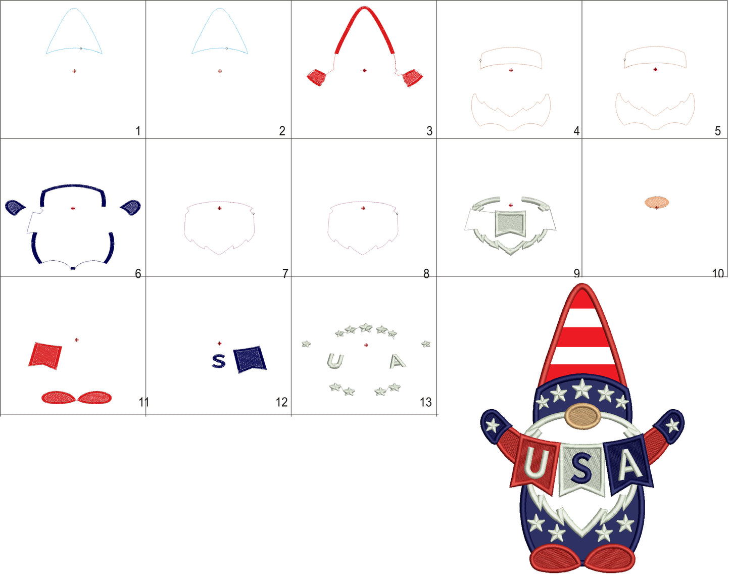 USA Patriotic Gnome 4th of July Independence Day Applique Machine Embroidery Design Digitized Pattern
