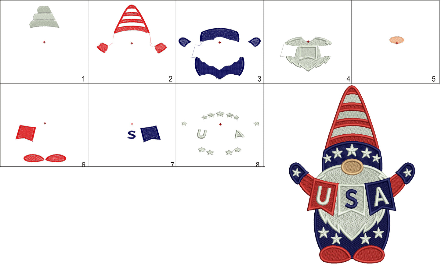 USA Patriotic Gnome 4th of July Independence Day Filled Machine Embroidery Design Digitized Pattern