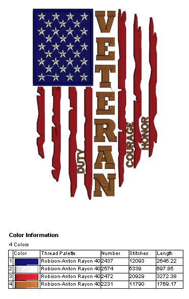 Veteran Duty Courage Honor American Flag Patriotic Filled Machine Embroidery Design Digitized Pattern