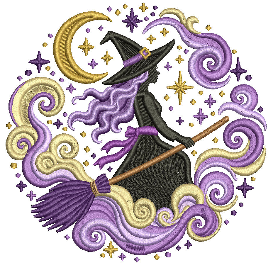 Witch Flying with Crescent Moon and Swirling Clouds Halloween Machine Embroidery Design