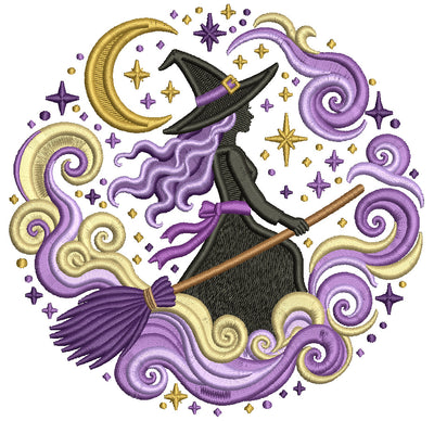 Witch Flying with Crescent Moon and Swirling Clouds Halloween Machine Embroidery Design
