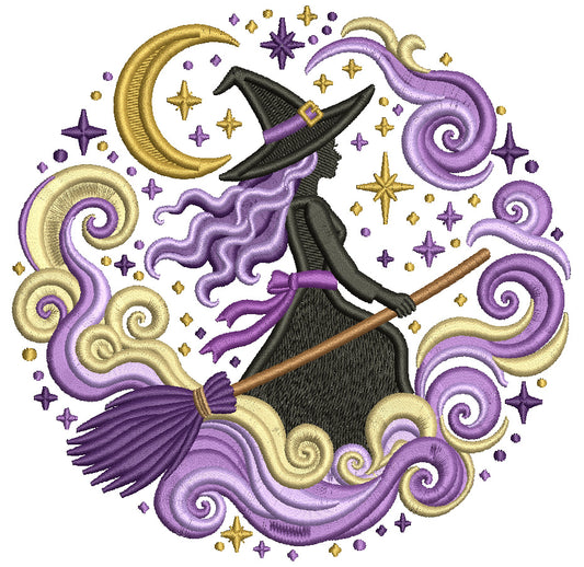 Witch Flying with Crescent Moon and Swirling Clouds Halloween Machine Embroidery Design