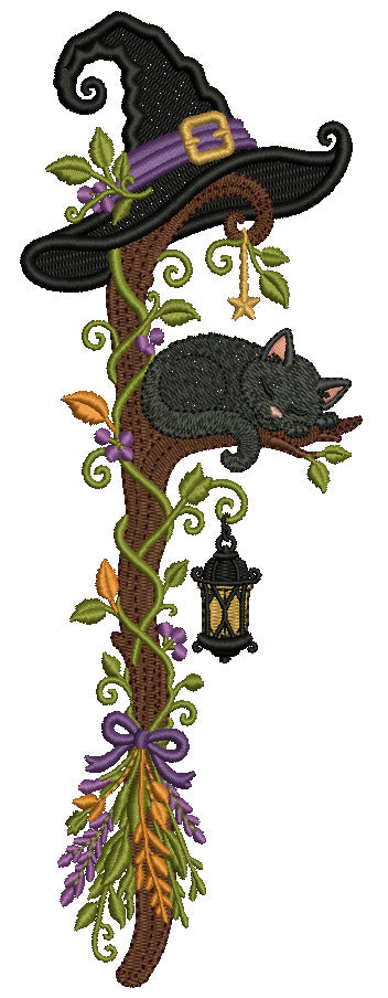Witch Hat and Black Cat Halloween Machine Embroidery Design – Filled Pattern