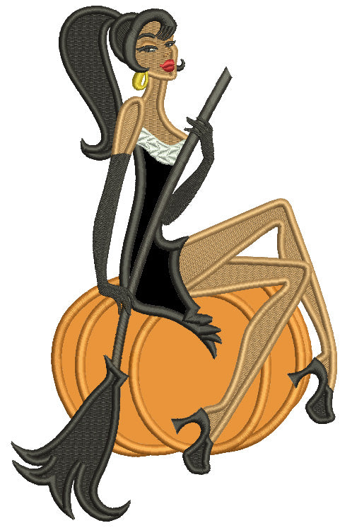 Witch With a Broom Sitting On Big Pumpkin Halloween Applique Machine Embroidery Design Digitized Pattern
