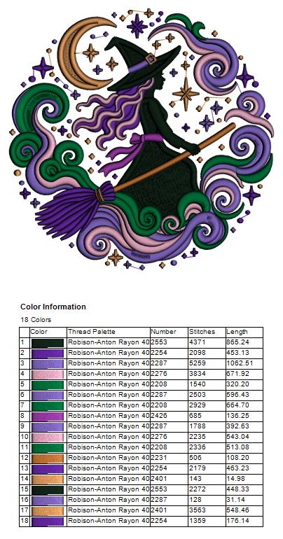 Witch Flying with Crescent Moon and Swirling Clouds Halloween Machine Embroidery Design