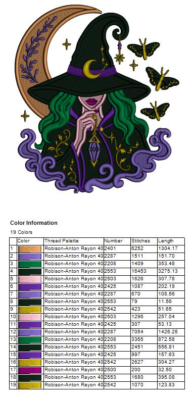 Mystic Moon Witch Halloween Machine Embroidery Design – Filled Pattern