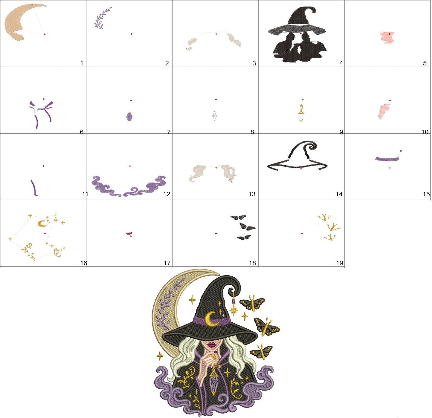 Mystic Moon Witch Halloween Machine Embroidery Design – Filled Pattern