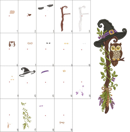 Witch's Hat on a Stick with Owl Halloween Machine Embroidery Design - Filled Pattern