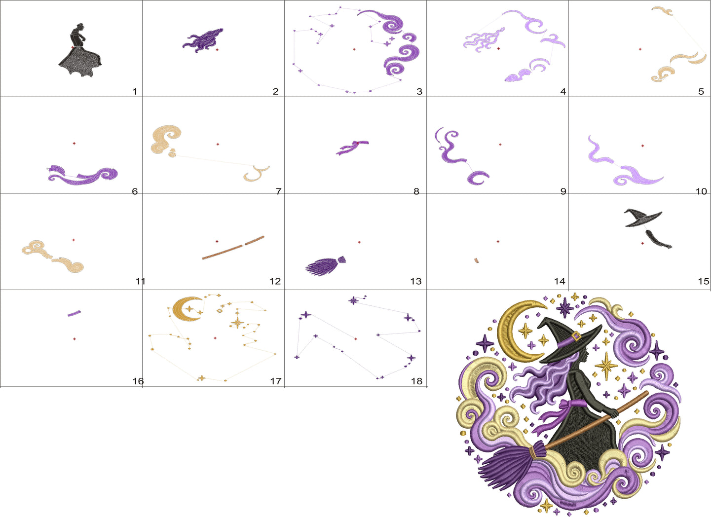 Witch Flying with Crescent Moon and Swirling Clouds Halloween Machine Embroidery Design