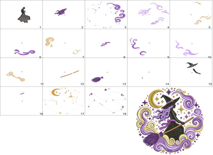 Witch Flying with Crescent Moon and Swirling Clouds Halloween Machine Embroidery Design