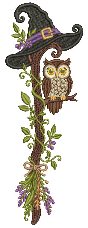Witch's Hat on a Stick with Owl Halloween Machine Embroidery Design - Filled Pattern
