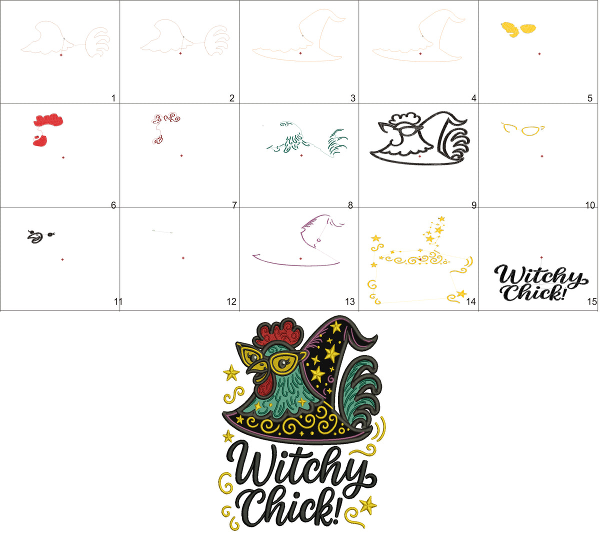 Chicken Witch Halloween Applique Machine Embroidery Design Digitized Pattern