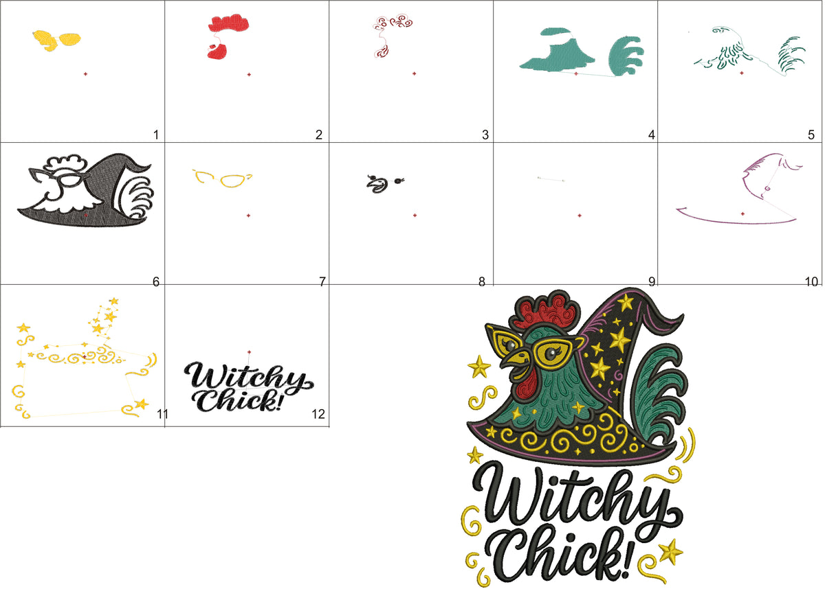 Chicken Witch Halloween Machine Embroidery Design Filled Pattern