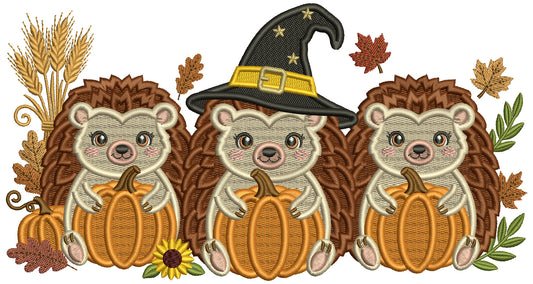 Wizard Hedgehog with Pumpkins Halloween Machine Embroidery Design - Filled Pattern