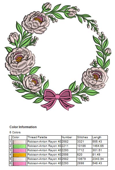 Wreath With Flowers and Ribbon Filled Machine Embroidery Design Digitized Pattern