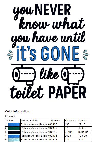You Never Know What You Have Until It’s Gone Like Toilet Paper – Funny Sarcastic Saying Applique Machine Embroidery Design