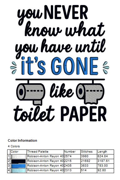 You Never Know What You Have Until It’s Gone Like Toilet Paper – Funny Sarcastic Saying Filled Machine Embroidery Design