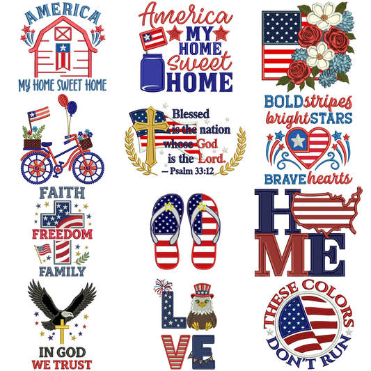 24 Patriotic Machine Embroidery Designs Bundle – 4th of July USA Embroidery Set