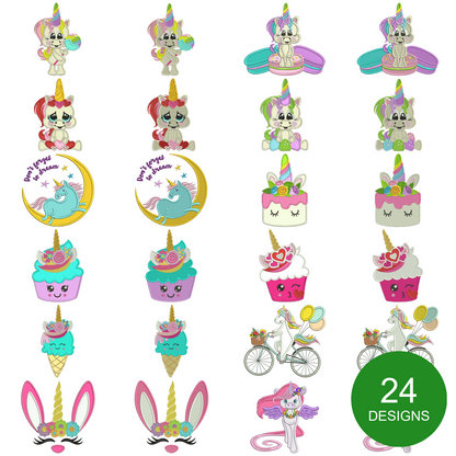 24 Unicorn Machine Embroidery Designs Bundle – 12 Applique and 12 FIlled In Designs